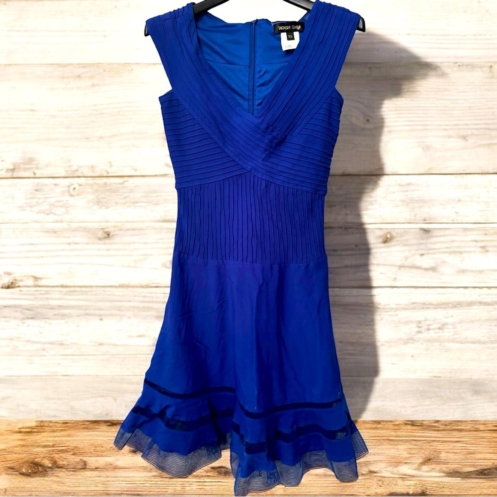 Tadashi Shoji Royal Blue Pleated Fit and Flare Midi Dress